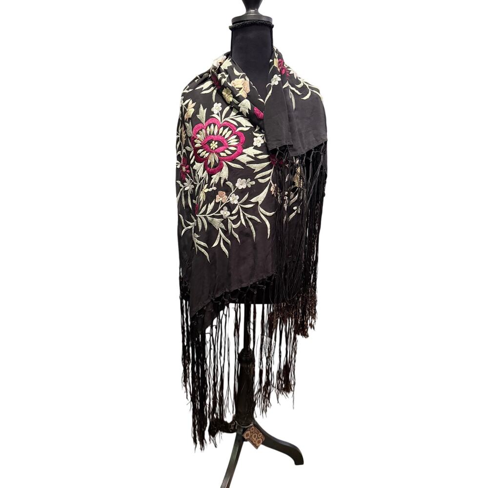 Vintage black square scarf wrap heavy embroidery 100% silk long fringe Pakistan